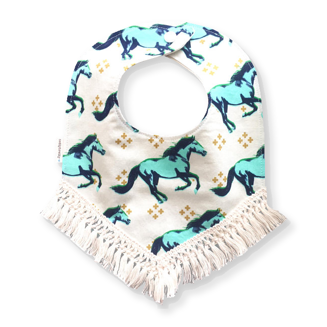 Boho Fringe Blue Horse Baby Bib