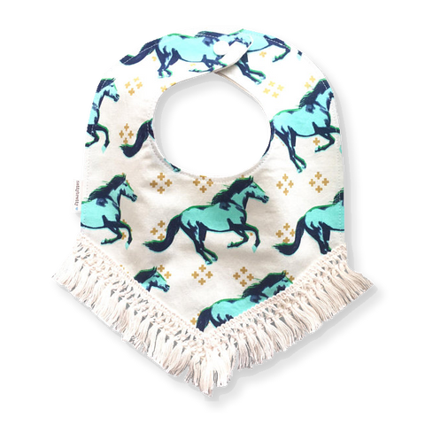 Boho Fringe Blue Horse Baby Bib